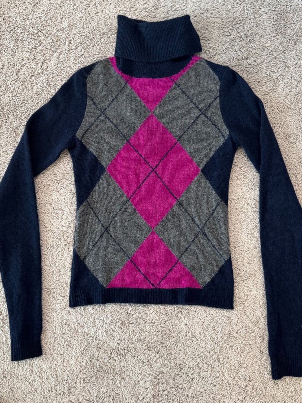 Theory Vargas Cashmere Argyle Turtleneck Sweater Navy Pink Gray S/P